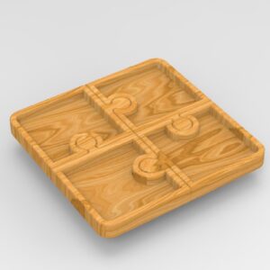 A wooden board with four squares on it.