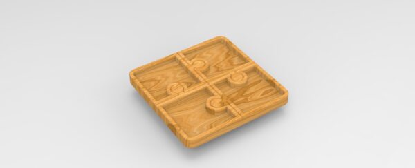 A wooden board with four squares on it.