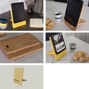 A collage of different photos with tablet on table.