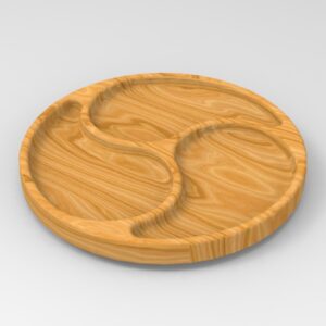 A wooden plate with three compartments on top of it.