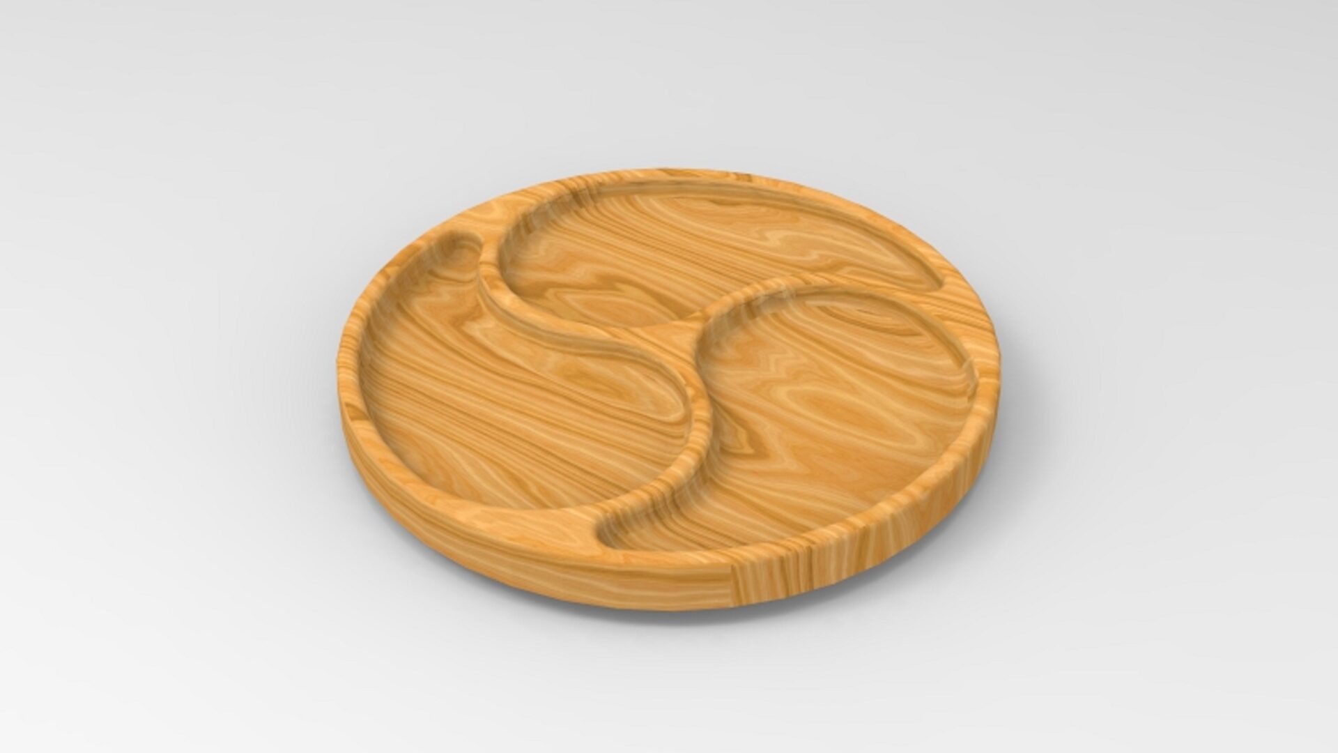 A wooden plate with three compartments on top of it.